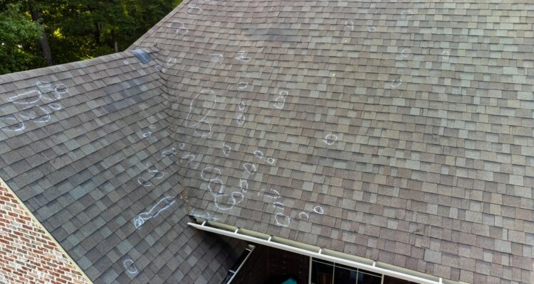 Aerial View Of A Shingle Roof With Chalk Markings Indicating Potential Damage.