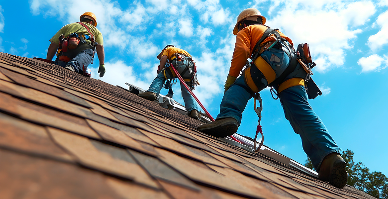 Looking upwards on a roof with three roofers on the roof with proper safety equipment on hand