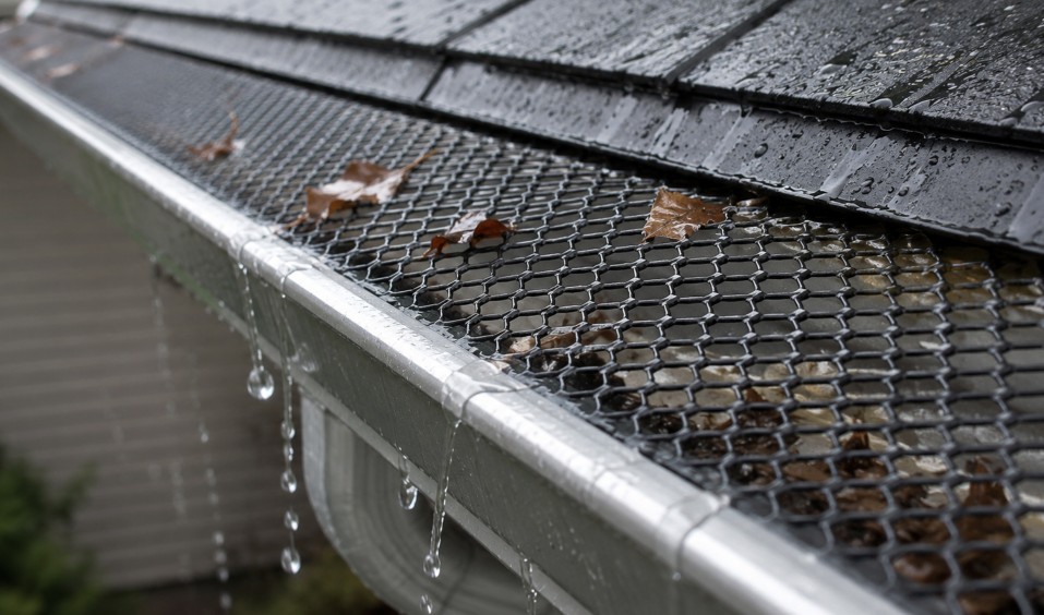 Premium gutter guards installed on seamless aluminum gutters to keep leaves out while allowing water to flow freely.