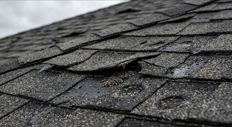 A damaged asphalt shingles with lifted edges, cracked tabs, and missing granules after severe Nebraska hail and wind.