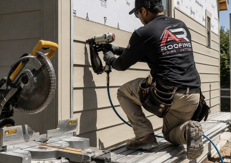 AR Roofing contractor installing fiber cement siding on a residential home